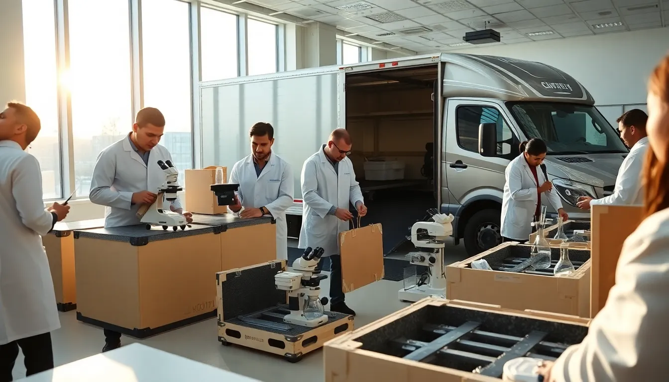 professionals packing scientific equipment in a lab for relocation.
