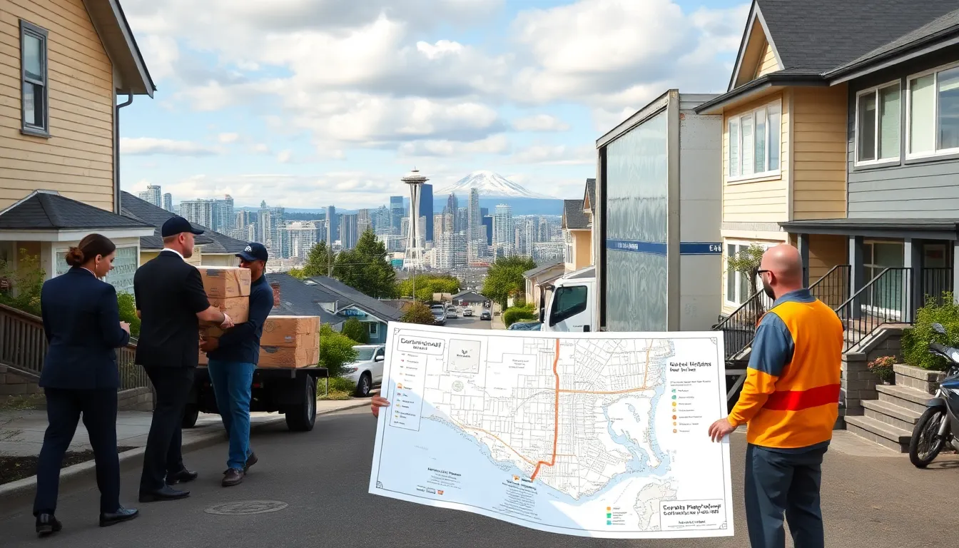 diverse moving team navigating a Seattle neighborhood during relocation.