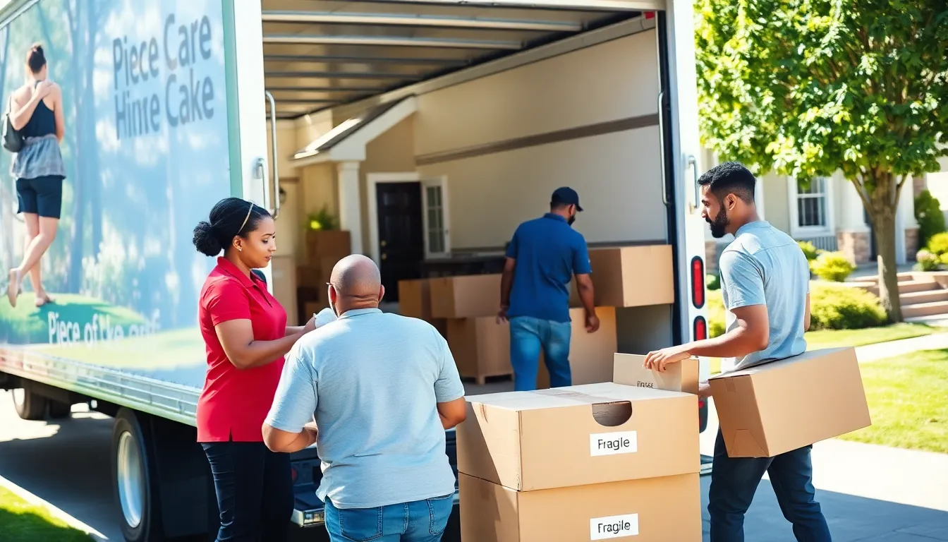 diverse movers packing and loading items outside a suburban home.