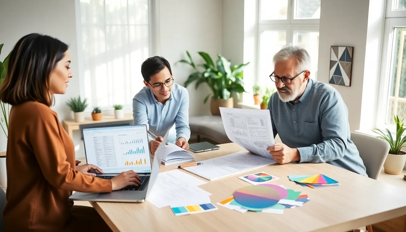 diverse team discussing budget home renovation ideas in a modern office.