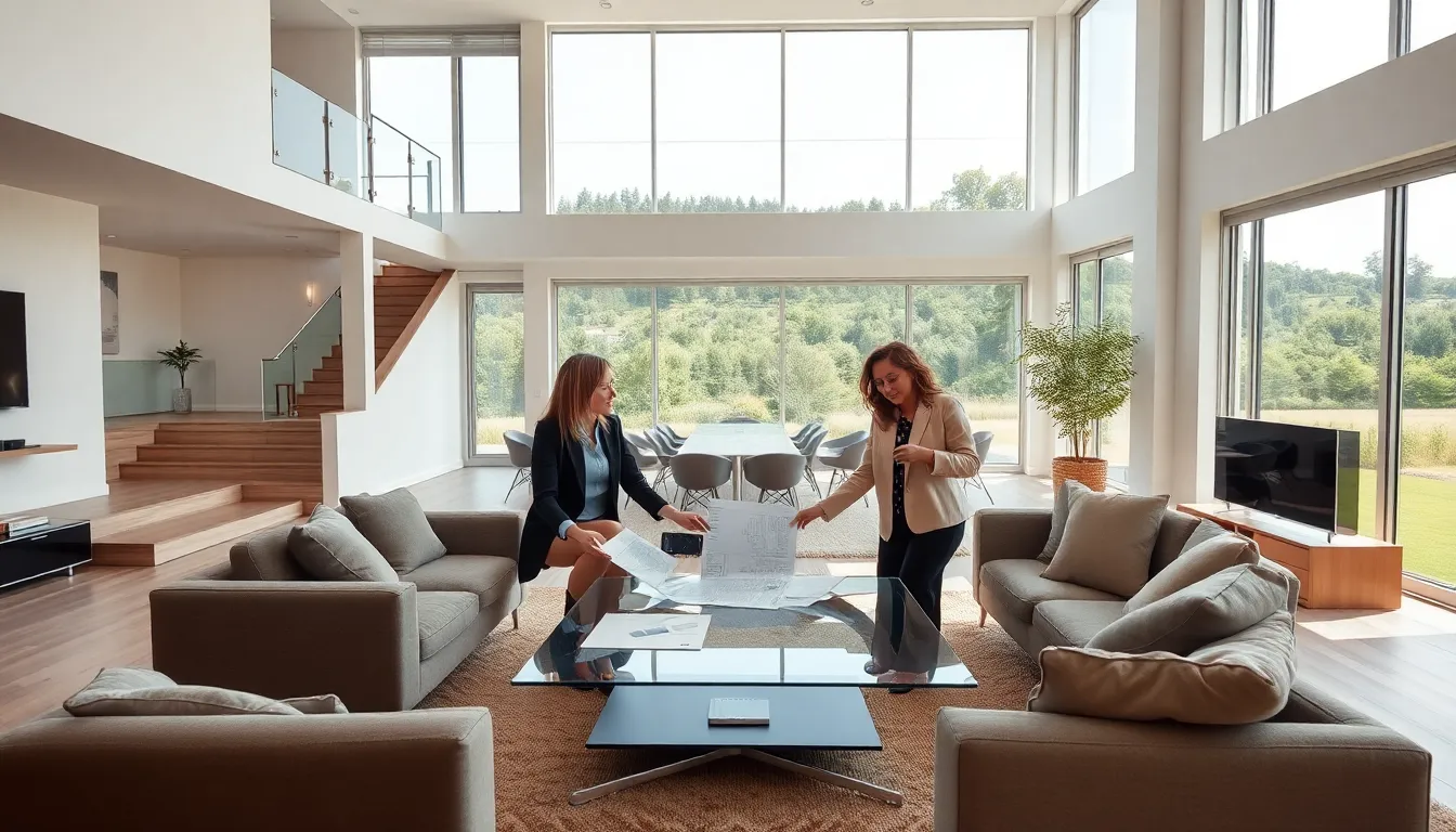 group discussing renovation ideas in a split level home interior.