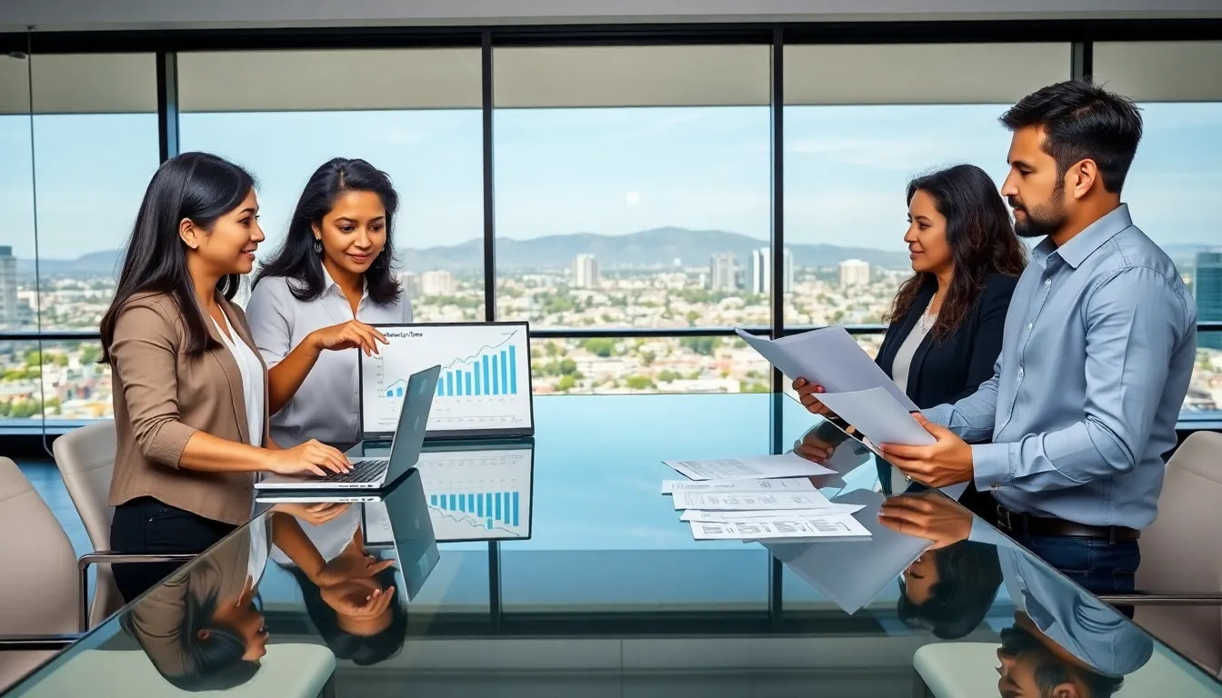 diverse professionals discussing property taxes in a modern office.