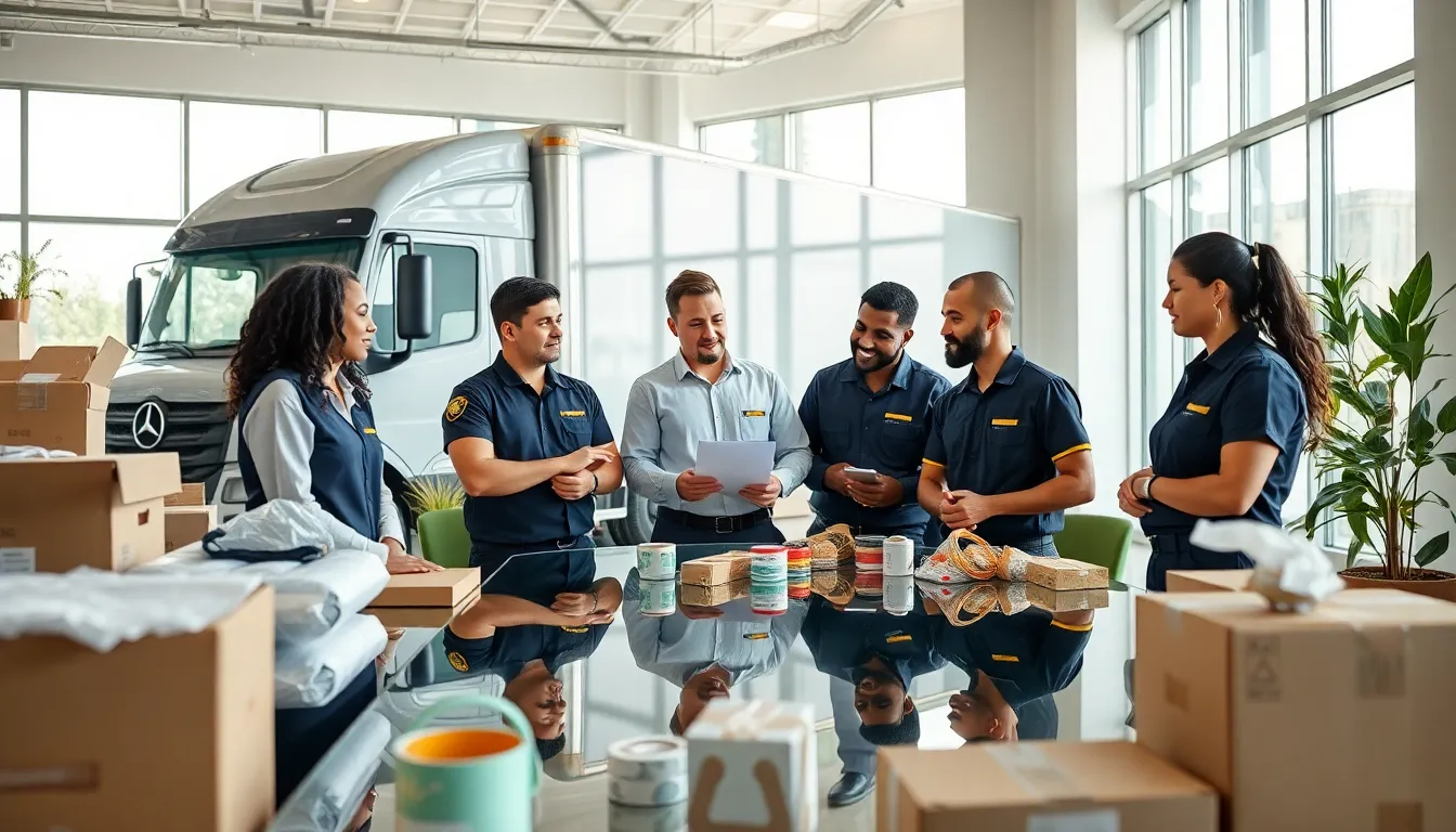 diverse moving team coordinating logistics in a modern office.
