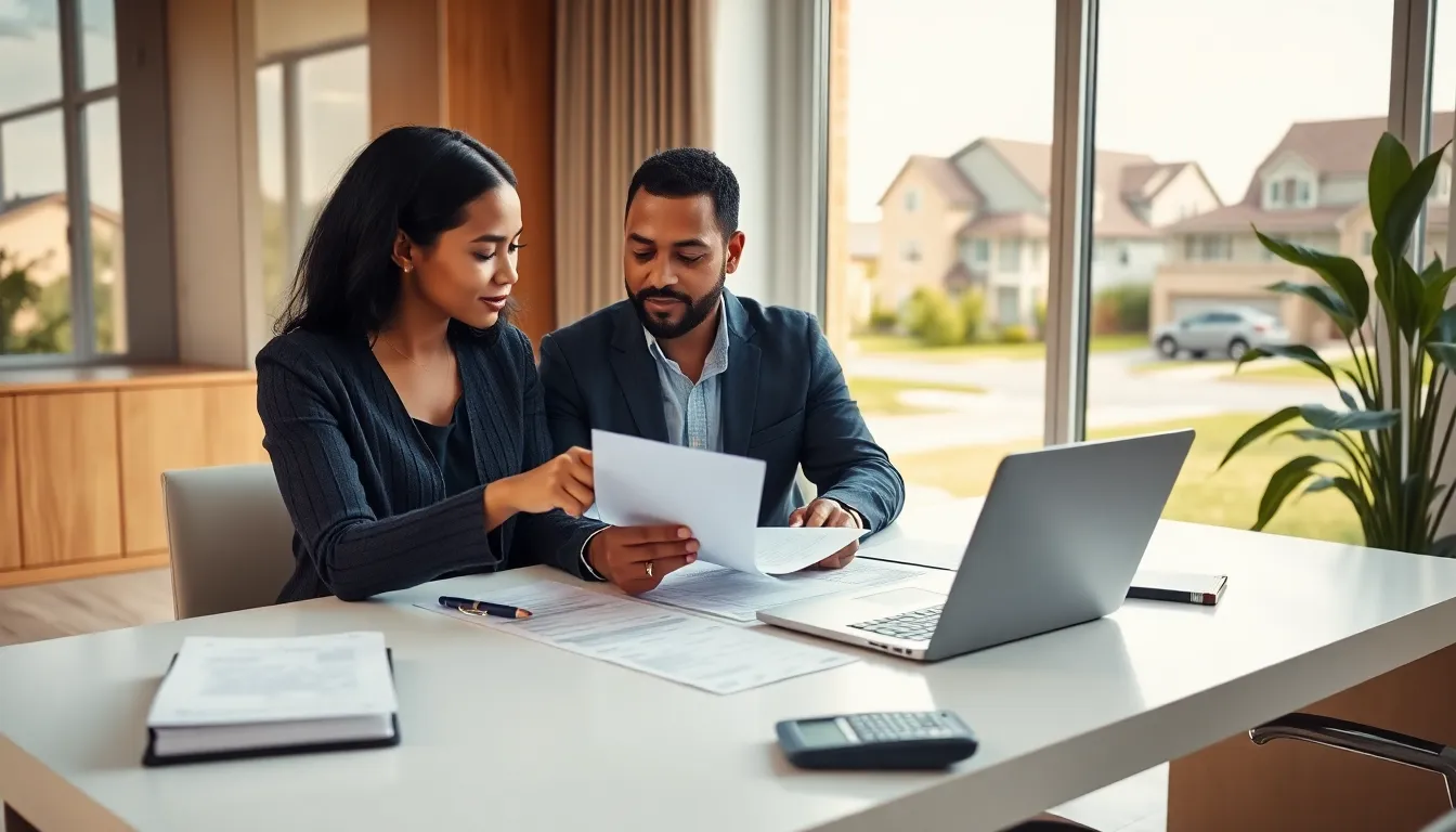 couple discussing property taxes in a modern office.