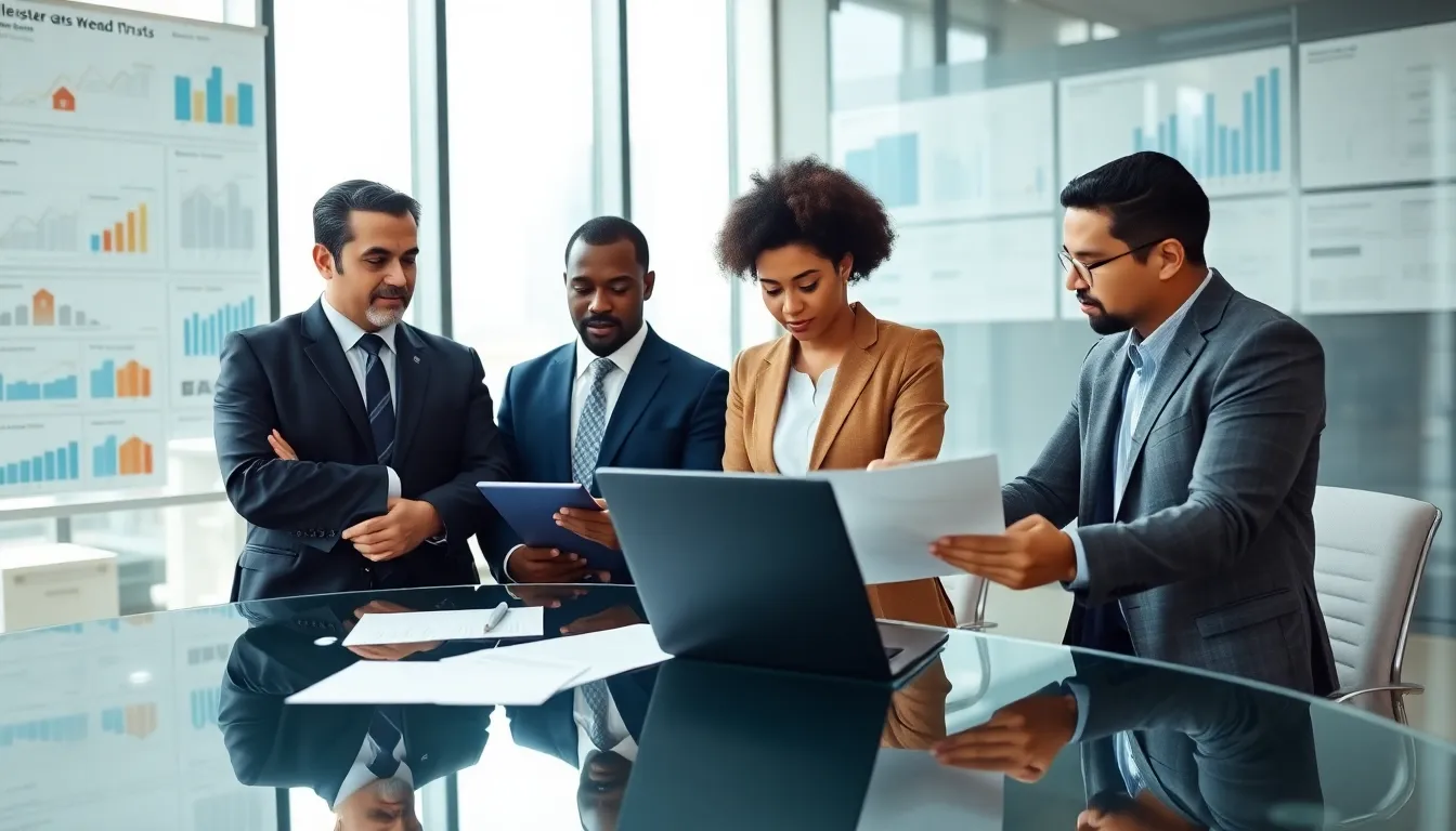 professionals discussing property taxes in a modern conference room.