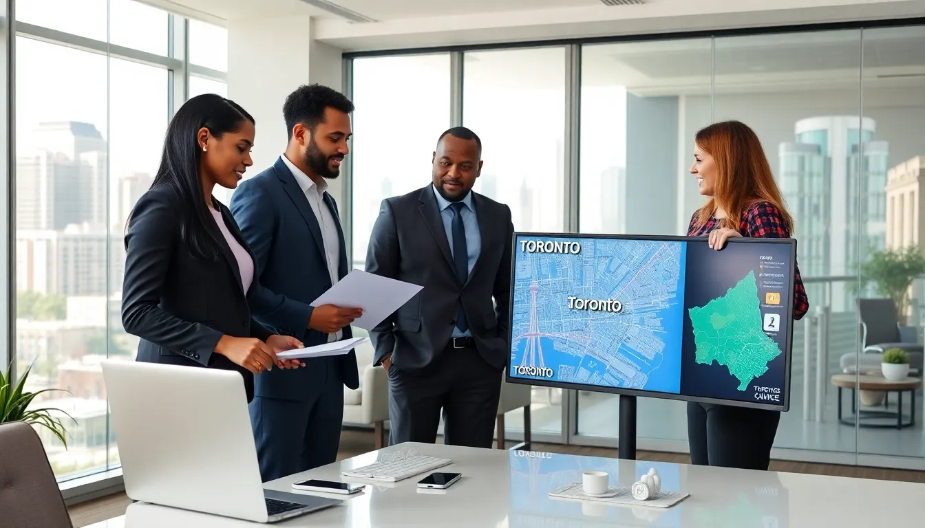 diverse professionals discussing moving to Toronto in a modern office.
